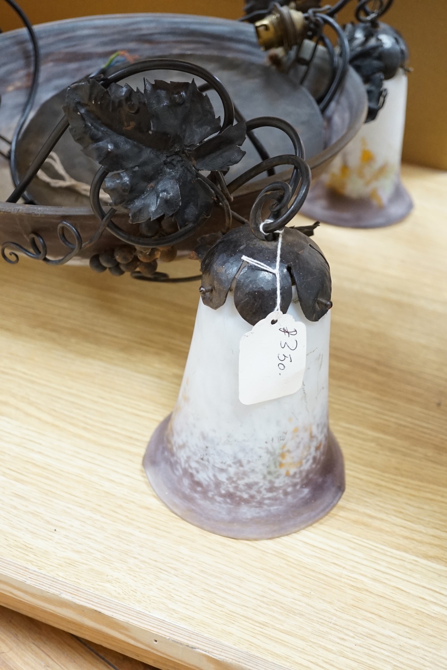 A French mottled glass electrolier, signed Lorrain